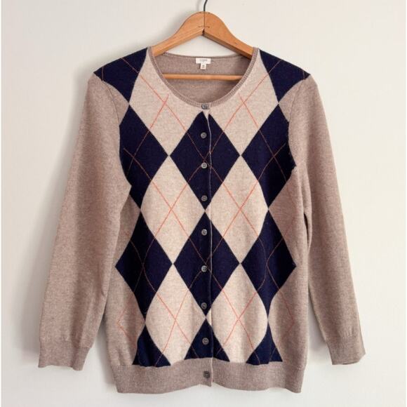 J Crew Argyle Cardigan Sweater Wool Cashmere Tan Navy Preppy Dark Academia - Picture 1 of 9